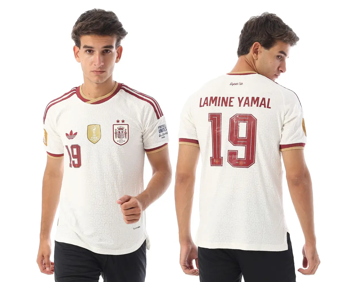 قميص منتخب إسبانيا الاحتياطي 2026/27 - نسخة أبطال العالم مع طباعة لامين يامال 19 (نسخة اللاعبين الاقتصادية)